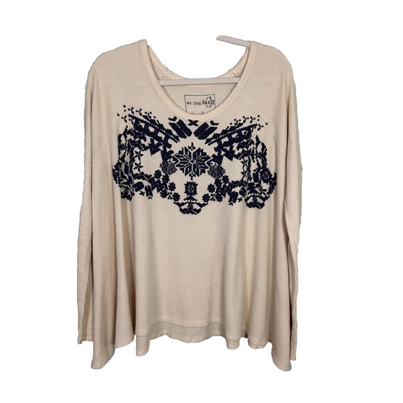 Free People L Ivory Navy Snowflake Fair Isle Trapeze Swing Thermal Long Sleeve - Picture 1 of 5